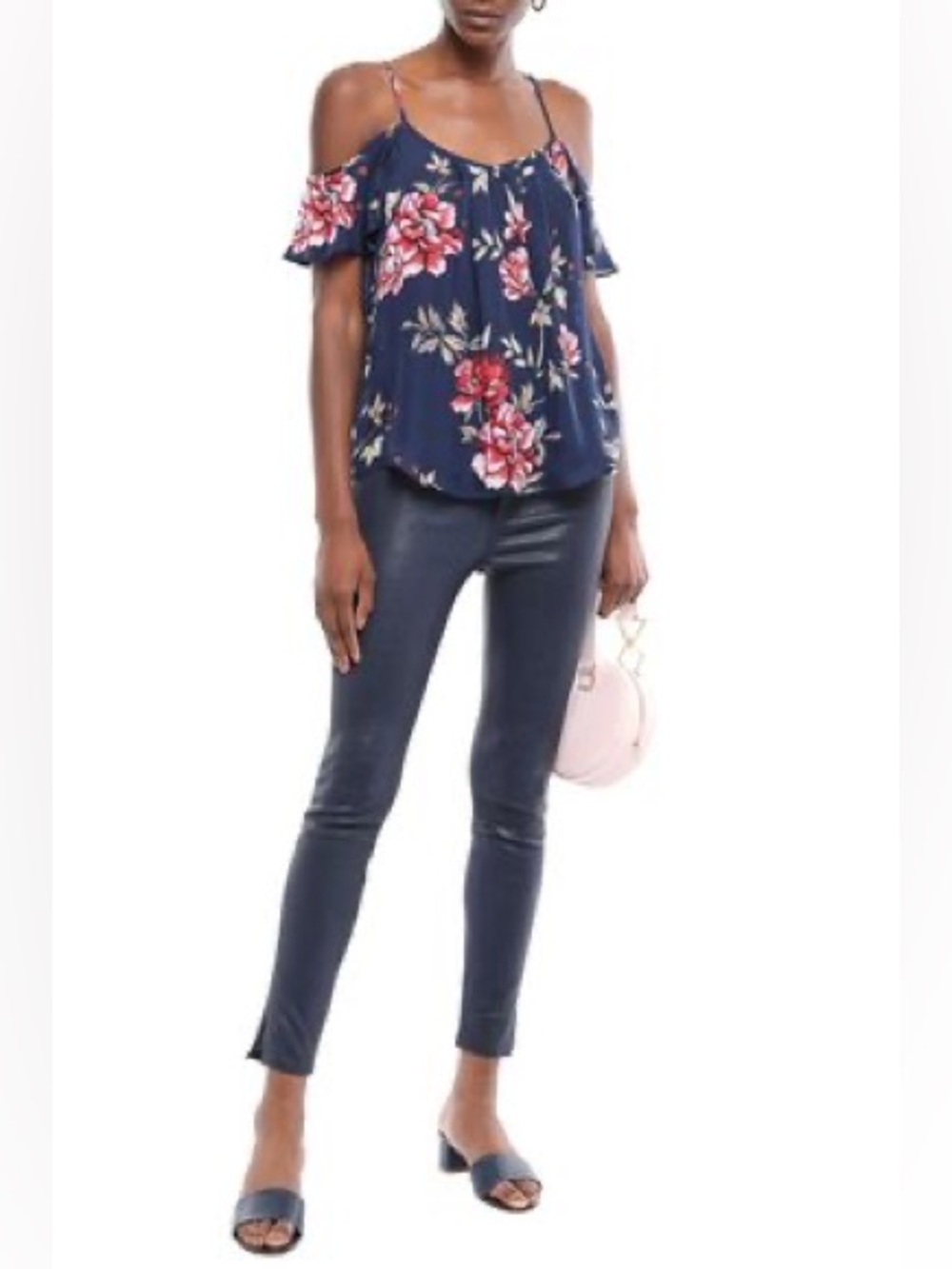 Joie Adorlee Off Shoulder Floral Silk Crepe Top Navy Size Medium